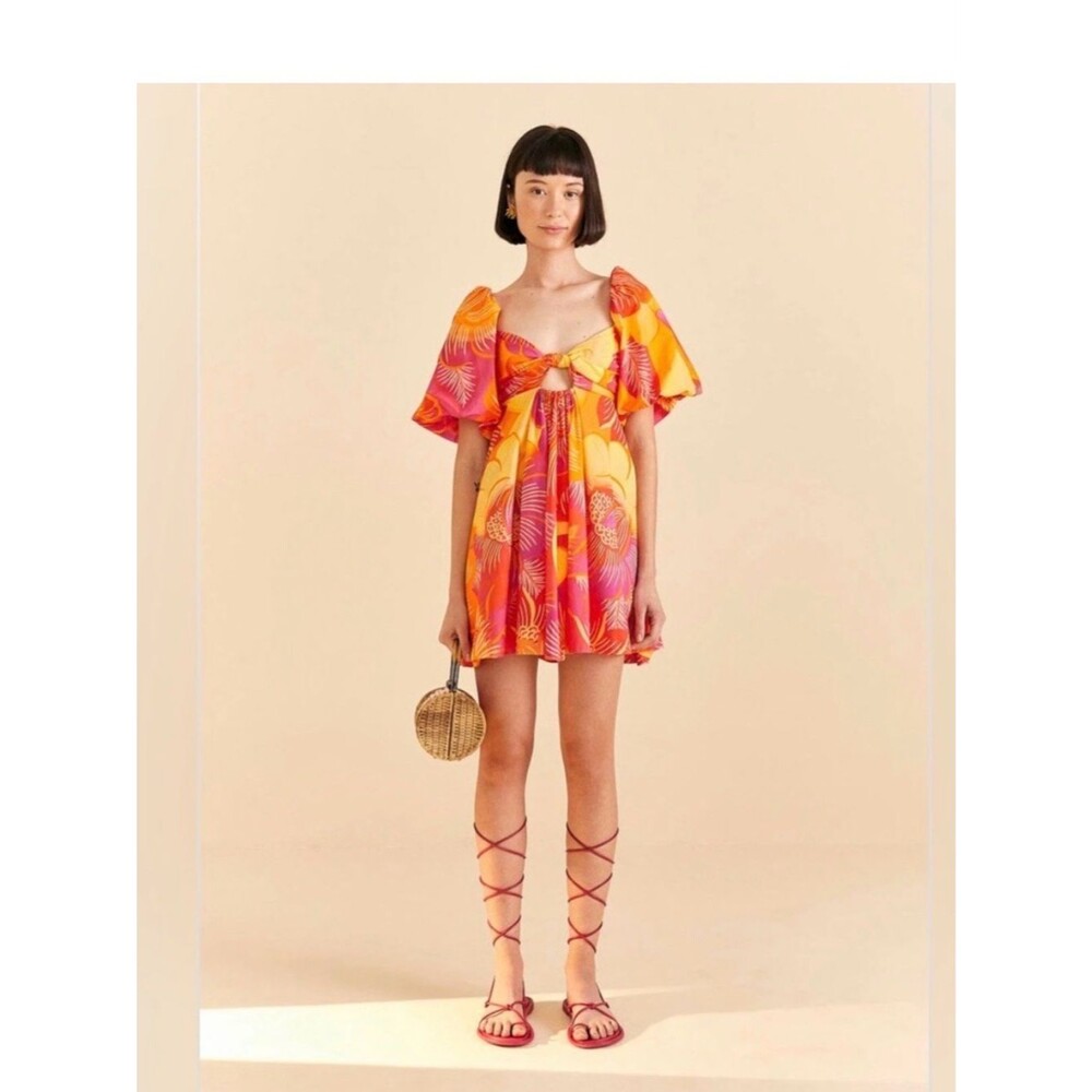 Farm Rio Summer Garden Ombre Mini Dress Medium Floral Short Puff Sleeve Sz S